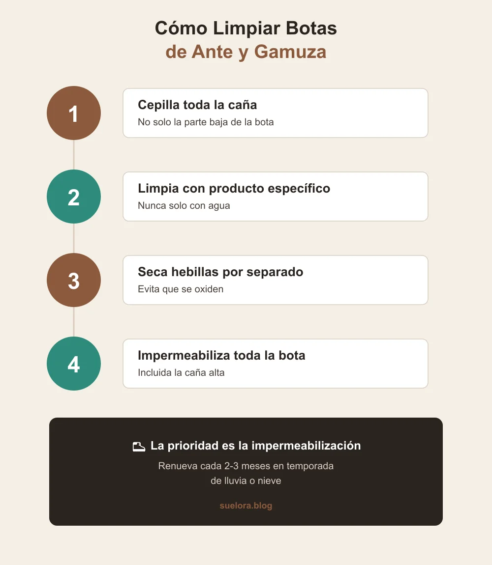 Infografía con los pasos para limpiar e impermeabilizar botas de ante