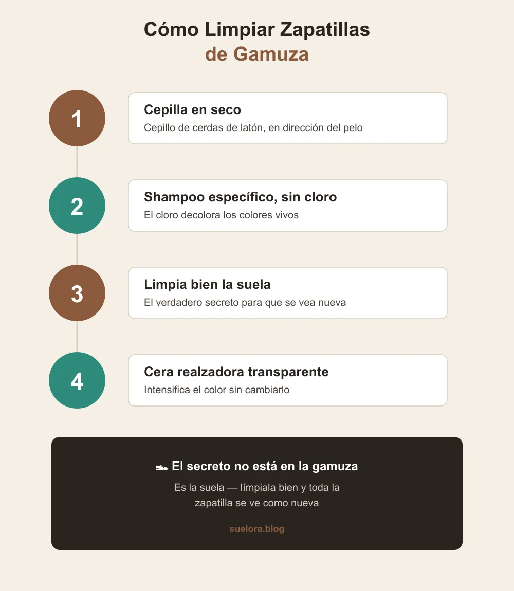 Infografía con los pasos para limpiar zapatillas de gamuza sin dañarlas